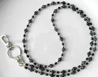 Snowflake Obsidian Lanyard, ID Badge Holder, Jet Black Faceted Beads, Women's Beaded Gemstone Stone Lanyard, Necklace, Black Silver Gray