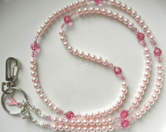 Pink Pearl Lanyard, ID Badge Holder, Breast Cancer Bead Lanyard Necklace, Fine European Crystal Pearls, Eyeglass Lanyard Woman Nurse Teacher