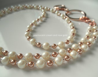 Pearl Lanyard, Pearlescent Cream and Rose Gold Badge Lanyard Necklace, European Crystal Glass Pearls, Beaded ID Holder, Nurse, Teacher Women