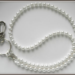 White Pearl Lanyard Necklace, Badge Lanyard, ID Holder, Teacher, Medical Professional Classy Bead Face Mask Holder, Swarovski Crystal Pearls image 1