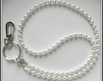 White Pearl Lanyard Necklace, Badge Lanyard, ID Holder, Teacher, Medical Professional Classy Bead Face Mask Holder, Austrian Crystal Pearls