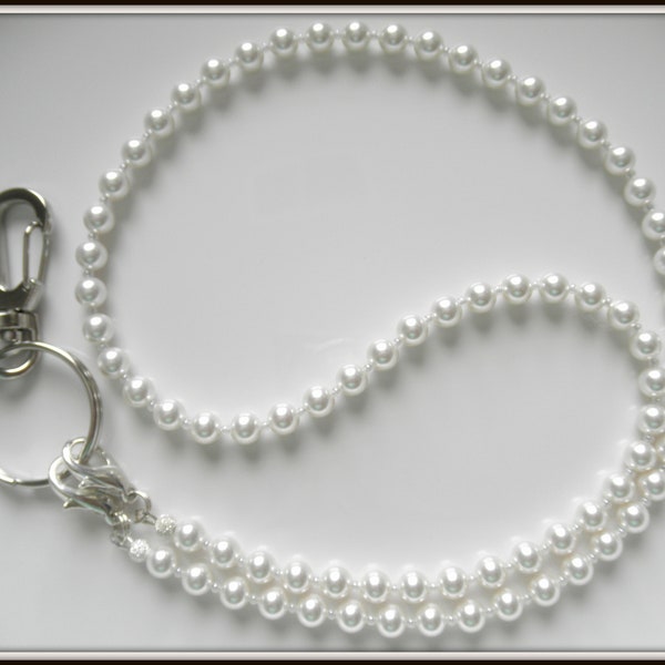 White Pearl Lanyard Necklace, Badge Lanyard, ID Holder, Teacher, Medical Professional Classy Bead Face Mask Holder, Swarovski Crystal Pearls