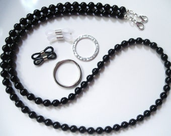 Black Pearl Badge Lanyard Necklace, Beaded Face Mask Chain, Fine European Crystal Pearls, ID Holder, Sunglasses Eyeglass Lanyard, Gift Women