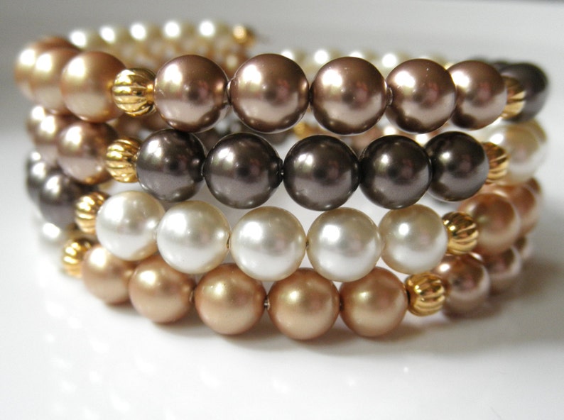 Bronze Gold Cream Brown Swarovski Pearl Memory Wire Bracelet Coil Bracelet Pearl Bead Bracelet Warm Earth Tone Colors Autumn Bracelet Women