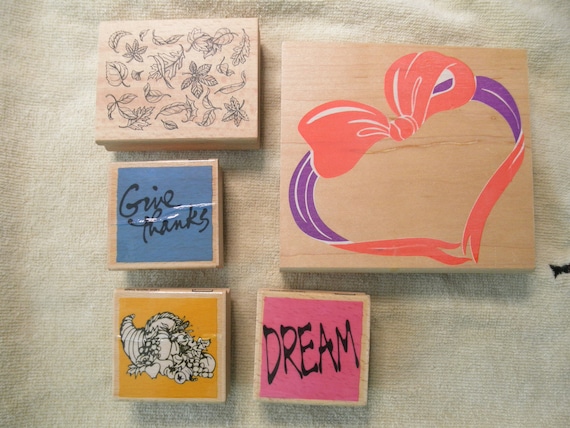 CLEARANCE THANKSGIVING 5 Rubber Stamps, Scrapbooking, Heart, Fall Leaves,  Cornucopia, Dream, Mounted Stamp, Craft Supplies Card Making 