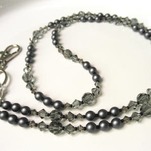 SALE Matte Dark Gray Pearl Lanyard Necklace, Swarovski Black Diamond Crystals, Grey, Teacher, Nurse, Professional Classy Beaded id Holder