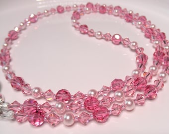 GLAMOROUS PINK Crystal Pearl Badge Lanyard Necklace, Rose id Holder, Teacher, Breast Cancer Survivor Professional Classy Swarovski Beaded