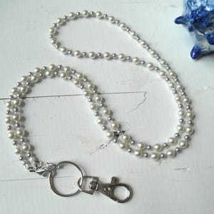 Pearl Lanyard, White Gray Badge Lanyard Necklace, European Crystal Glass Pearls, ID Holder, Bead Face Mask Holder, Nurse, Teacher Women Gift