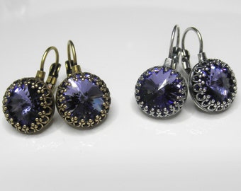 Tanzanite Crystal Earrings, Leverback Earrings, Victorian Crown Setting, Purple Dangle Earrings, Tanzanite Earrings, Drop Earrings Gift Box