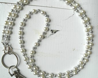 Pearl Lanyard, White Gray ID Badge Holder, European Crystal Glass Pearls Necklace, Beaded Face Mask Chain, Nurse, Teacher Women Gift for Her
