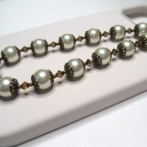 CLEARANCE SALE White Pearl Phone Wrist Strap Charm/Crystal Bronze Shade/Cell Phone/Smartphone Lanyard/Phone Chain/iPhone Wristlet/Key Chain