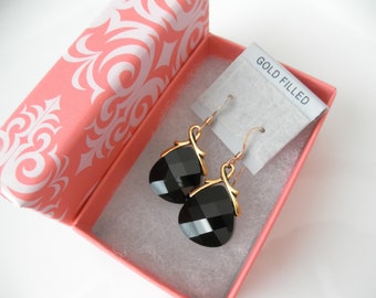 BLACK CRYSTAL Earrings, Jet Briolette Earrings, Gold filled Earwires, Crystal Dangle Earrings, w/Gift Box Girlfriend Gift Idea for Women Her