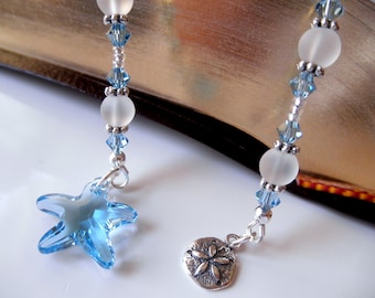 Starfish Book Thong - Aqua Crystal Starfish Bookmark, Sterling Silver Sand Dollar, Fine European Crystal, Beach Bookmark, Starfish Bookthong