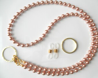 Rose Gold Pearl Lanyard Necklace, Beaded Face Mask Holder, Convertible Sunglasses Eyeglass Chain, ID Holder, European Pearl Glasses Chain