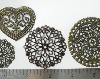 Filigree Embellishments Metal Stampings Connectors - Antique Brass Bronze Copper Filigree Heart Medallion Flower Wraps Victorian Jewelry
