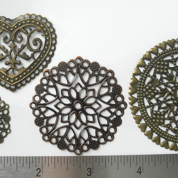 Filigree Embellishments Metal Stampings Connectors - Antique Brass Bronze Copper Filigree Heart Medallion Flower Wraps Victorian Jewelry