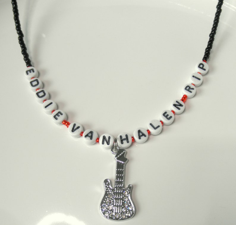 Bead Rock Star Necklace Eddie Van Halen RIP Necklace Rhinestone Electric Guitar EVH Tribute Necklace Music Lover Gift Musician Jewelry