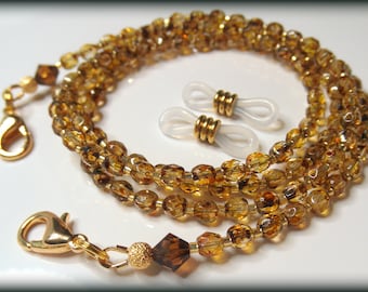 WARM TORTOISE GOLD Eyeglass Chain, Brown Reading Glasses Chain, Beaded Czech Glass Holder, Sunglasses Chain Necklace Christmas Gift for Her