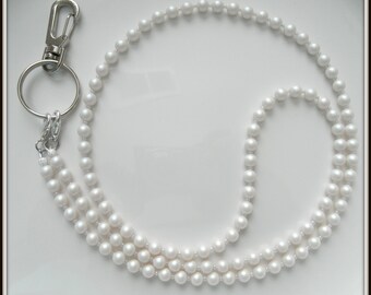 DREAMY Pearlescent White Pearl Lanyard Necklace, ID Badge Holder, Beaded Mask Lanyards, Lanyard for Teacher Nurse Medical Professional Women