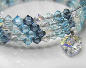 Crystal Memory Wire Bracelet w/ Heart, Denim Blue Aqua Crystal AB, Valentine's Day Gift for Her, Crystal Coil Bracelet, Wrap Around Bracelet