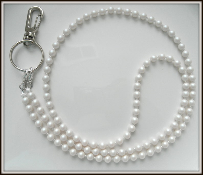 Cream Pearl Lanyard ID Badge Holder, European Crystal Pearls, Off White, MORE COLORS, Beaded Face Mask Chain, Nurse, Teacher Lanyard, Women image 2