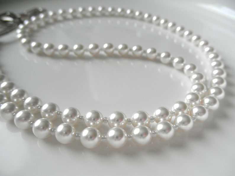 White Pearl Lanyard Necklace, Badge Lanyard, ID Holder, Teacher, Medical Professional Classy Bead Face Mask Holder, Swarovski Crystal Pearls image 3