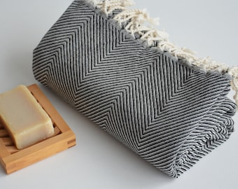 Black Herringbone Weave Turkish Towel, Sand Free Beach Towel, Quick Dry Peshtemal, 34x77 inch.