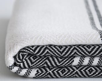 Black and White Striped Turkish Peshtemal Towel, 100% Cotton, Quick Dry Beach Bath Towel