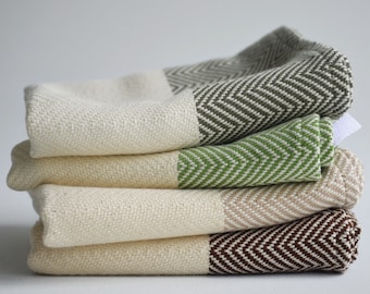 Kitchen towel with green, beige, brown, khaki stripes on natural color, bread towel, drying towel, tea towel, rv, caravan hand towel