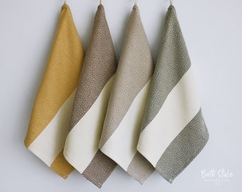 Kitchen towel with mustard, brown, dark beige, khaki stripes on natural color, bread towel, drying towel, tea towel, rv, caravan hand towel