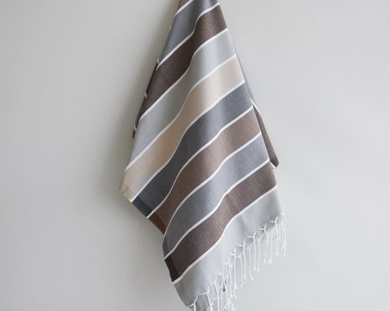 Turkish Cotton Peshtemal Towel – Gray Brown Beige Stripes, Fast Drying Bath Beach Towel
