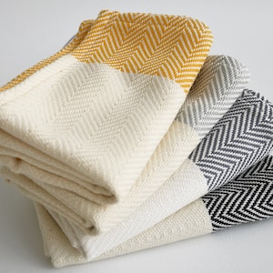 Kitchen towel with yellow, gray, black stripes on natural color, bread towel, drying towel, tea towel, rv, caravan hand towel