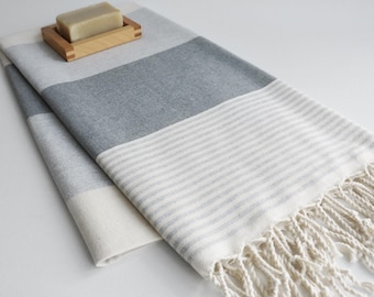 Classic Beach Towel – Gray Red Beige Stripes, Fast Drying Multi-purpose Bath Towel