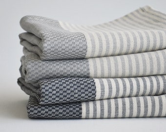 Kitchen towel with gray, dark gray, black, stripes on natural color, bread towel, drying towel, tea towel, rv, caravan hand towel, no fringe