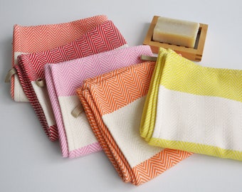 Kitchen towel with yellow, pink, orange, coral stripes on natural color, bread towel, drying towel, tea towel, rv, caravan hand towel