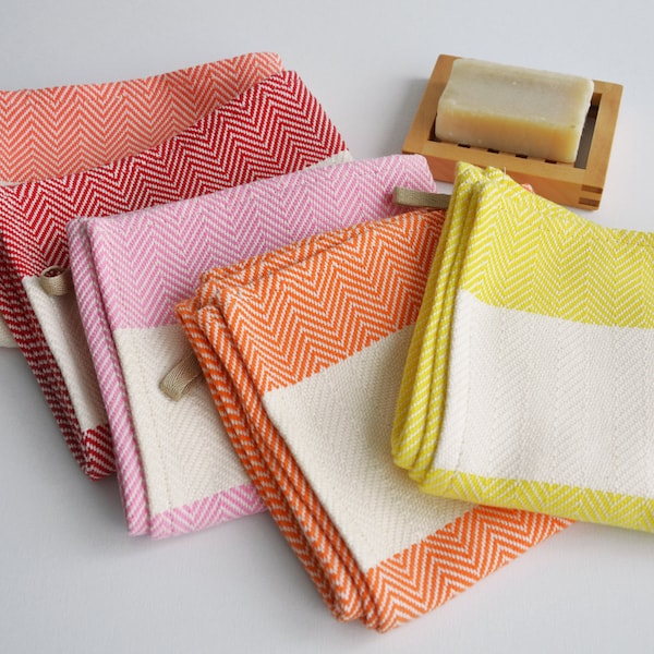 Kitchen towel with yellow, pink, orange, coral stripes on natural color, bread towel, drying towel, tea towel, rv, caravan hand towel