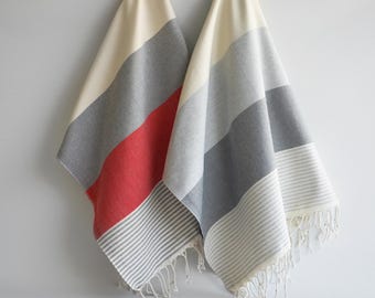 Classic Turkish beach and bath towel, 100% cotton, red-grey, machine washable, 35x70 inches.