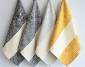 Kitchen towel with yellow, black, gray, stripes on natural color, bread towel, drying towel, tea towel, rv, caravan towel, hand towel