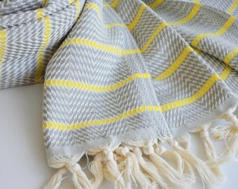 Grey Yellow Stripe Turkish Cotton Peshtemal Beach Towel, Quick Dry Sand Free 39x84 inch