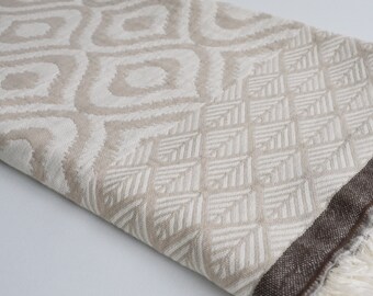 Traditional Turkish Cotton Throw Blanket, Brown Beige Coral Herringbone Sofa Bedcover