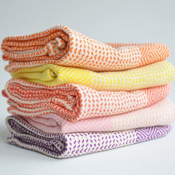 Kitchen towel with orange, coral, yellow, pink, purple stripes on natural color, bread towel, drying towel, tea towel, rv towel, hand towel