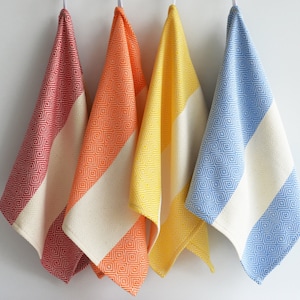 Kitchen towel with red, orange, yellow, light blue stripes on natural color, bread towel, drying towel, tea towel, rv, caravan hand towel