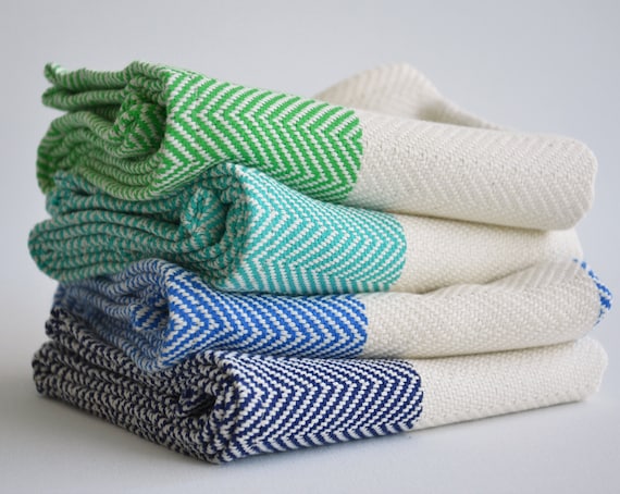 Kitchen Towel With Green Turquoise Blue Navy Stripes on Natural Color Bread Towel Drying Towel Tea Towel Rv Caravan Hand Towel Etsy