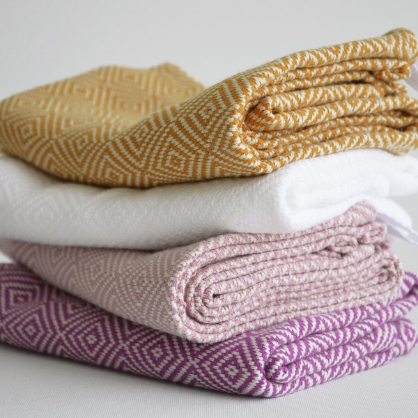 Kitchen towel with mustard, white, purple, stripes on natural color, bread towel, drying towel, tea towel, rv, caravan towel, hand towel