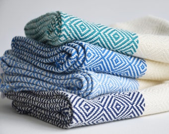 Kitchen towel with navy, blue, teal, turquoise stripes on natural color, bread towel, drying towel, tea towel, rv, caravan towel, hand towel