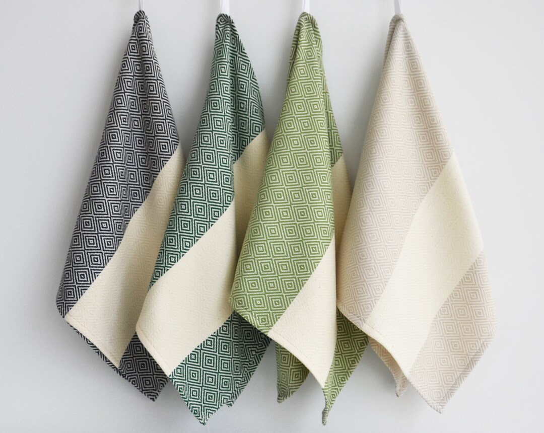 Kitchen Towel With Green, Green, Beige, Navy on Natural Color, Bread ...