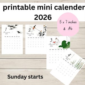May include: Printable mini calendar for 2026, featuring monthly layouts with artistic illustrations. The calendar is available in 5 x 7 inches and A4 sizes. Each month has a unique design, with Sunday as the start day.