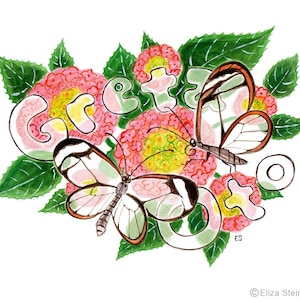 Glasswing Butterflies on Lantana Flowers 9x12 Fine Art Print, Greta oto, Lepidoptera, Entomology, Butterfly Illustration
