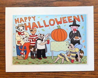Cartão de felicitações de Halloween para festa de abóbora, infantil, cartão com animais.