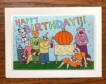 Pumpkin Punch Party Birthday Card, Autumn, Fall Birthday Card, Animal, Kids Birthday Card, Cute Happy Birthday Card, Bday Card